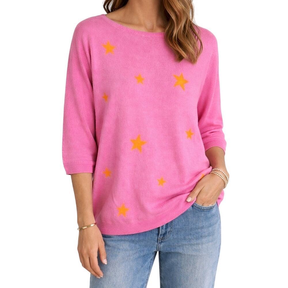 Zaket & Plover Star Knit 3/4 Sleeve Pullover Sweater Pink Orange Size Large